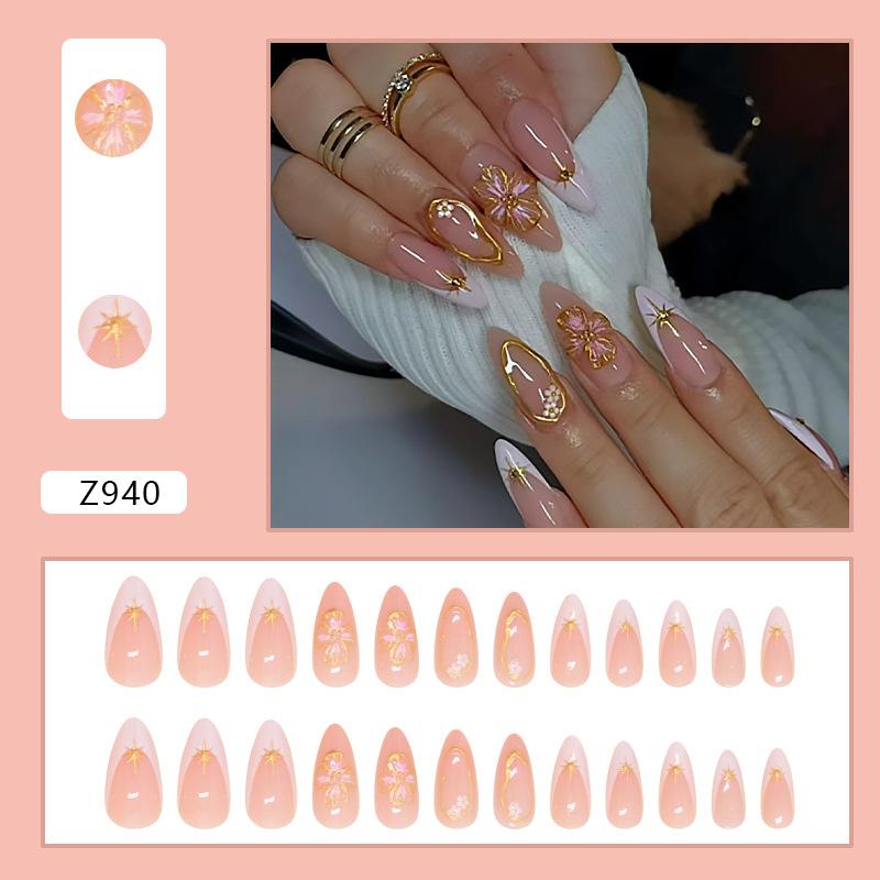 Simple Nail Patch Removable Nail French False Nail Three-dimensional Flower Wearing Nail Nail Patch Diamond 24 pieces