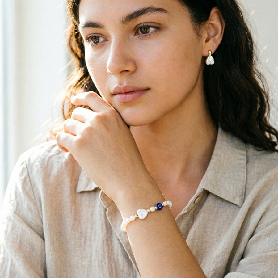 2Pcs Boho Double Layer Pearl Bracelet For Women Evil Eye Heart Charm Elastic Beaded Braclet Minimalist Daily Wear Jewelry Gift