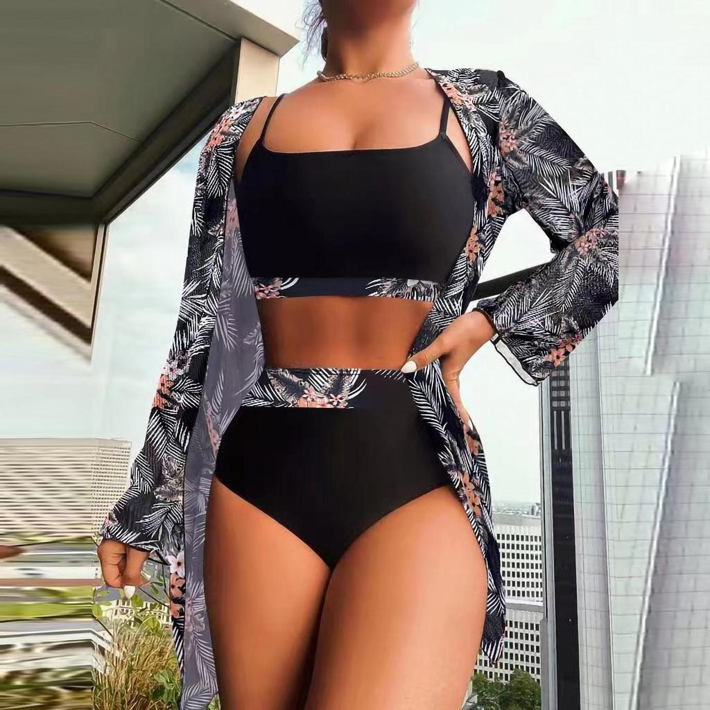 Женский разделенный комплект из трех предметов, блузка с высокой талией и длинными рукавами, солнцезащитные комплекты бикини