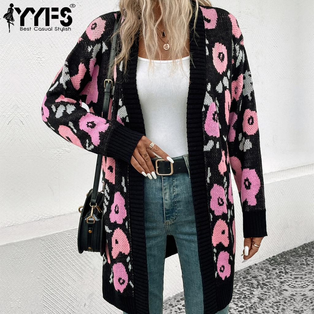 YYFS Женские модные повседневные осенне-зимние кардиганы с цветочным узором и принтом с длинными рукавами