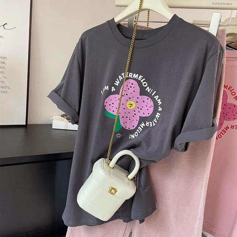 Women Watermelon Flower Letter Graphic Crew Neck Roll Cuff Short Sleeve T-shirt