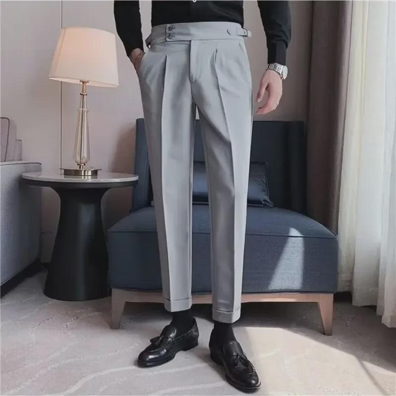Men’s Autumn Trend British Style Slim Fit Nine-Point Suit Trousers – Solid Color Casual Pants