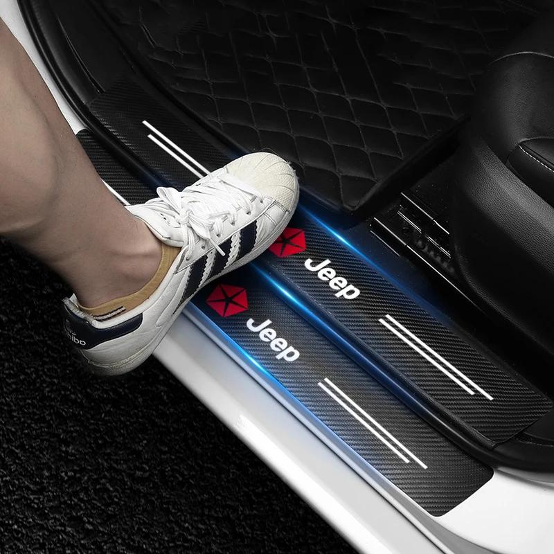 4Pcs Carbon Fiber Car Doorsill Protector Sticker For Jeep Compass Wrangler Gladiator Renegade Grand Cherokee Wagoneer AJW1