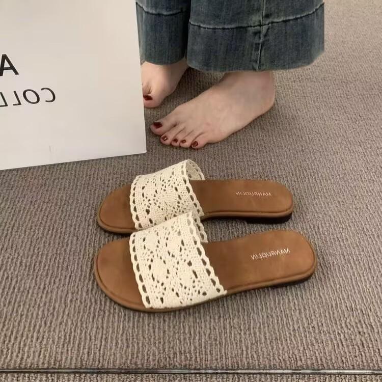 Vintage Casual Flat-bottomed Woven One-word with Open-toed Slippers for Women's Summer Wear Bohemian Seaside Vacation Beach Shoes