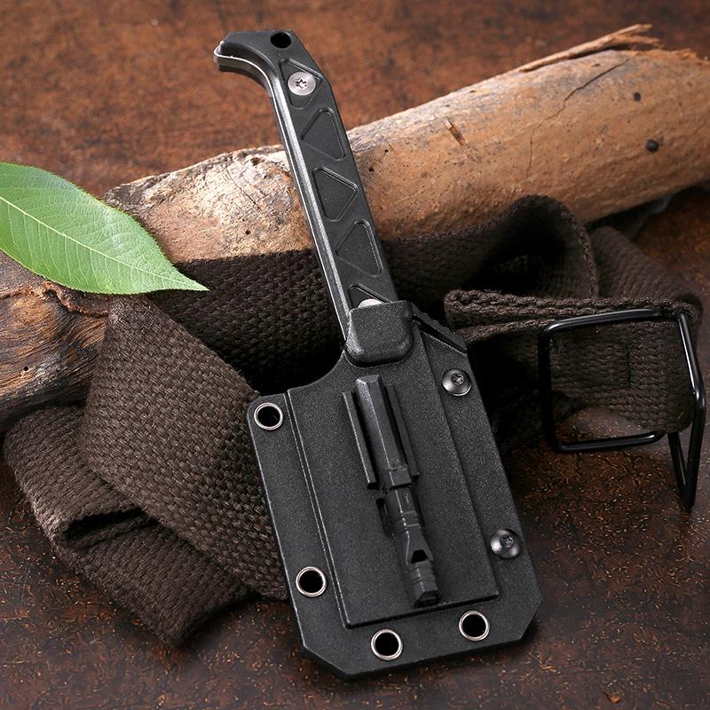 Multi-functional Outdoor EDC with Bottle Opener, Whistle, Chain, Shovel, Knife, Ice Hammer, and Straight Knife.