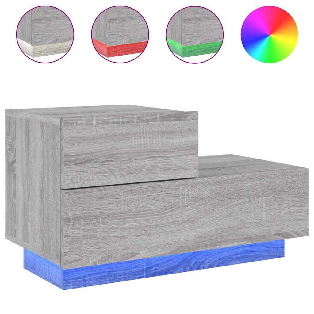 Nightstand with LED Lights Grey Sonoma 70 x 36 x 40.5 cm