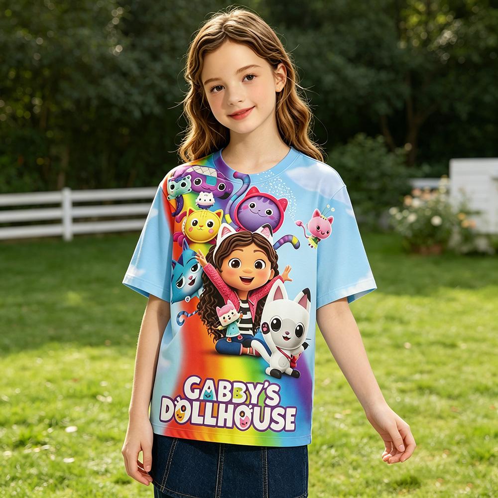Детские футболки Gabby Dollhouse с 3D-печатью мультфильмов, модные, для мальчиков и девочек, с коротким рукавом, повседневные топы для детей, летняя одежда