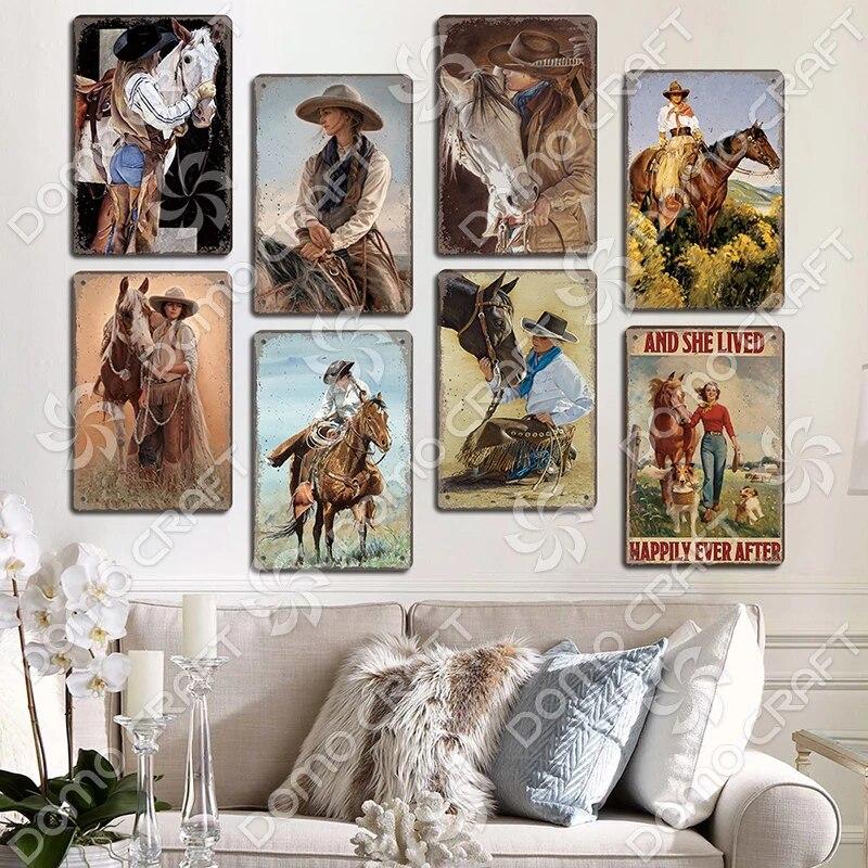 Cowgirl Tin Sign Metal Plaque Cowboy Boots Pony Metal Poster Vintage Wall Decor for Horse Riding Club Garden Home