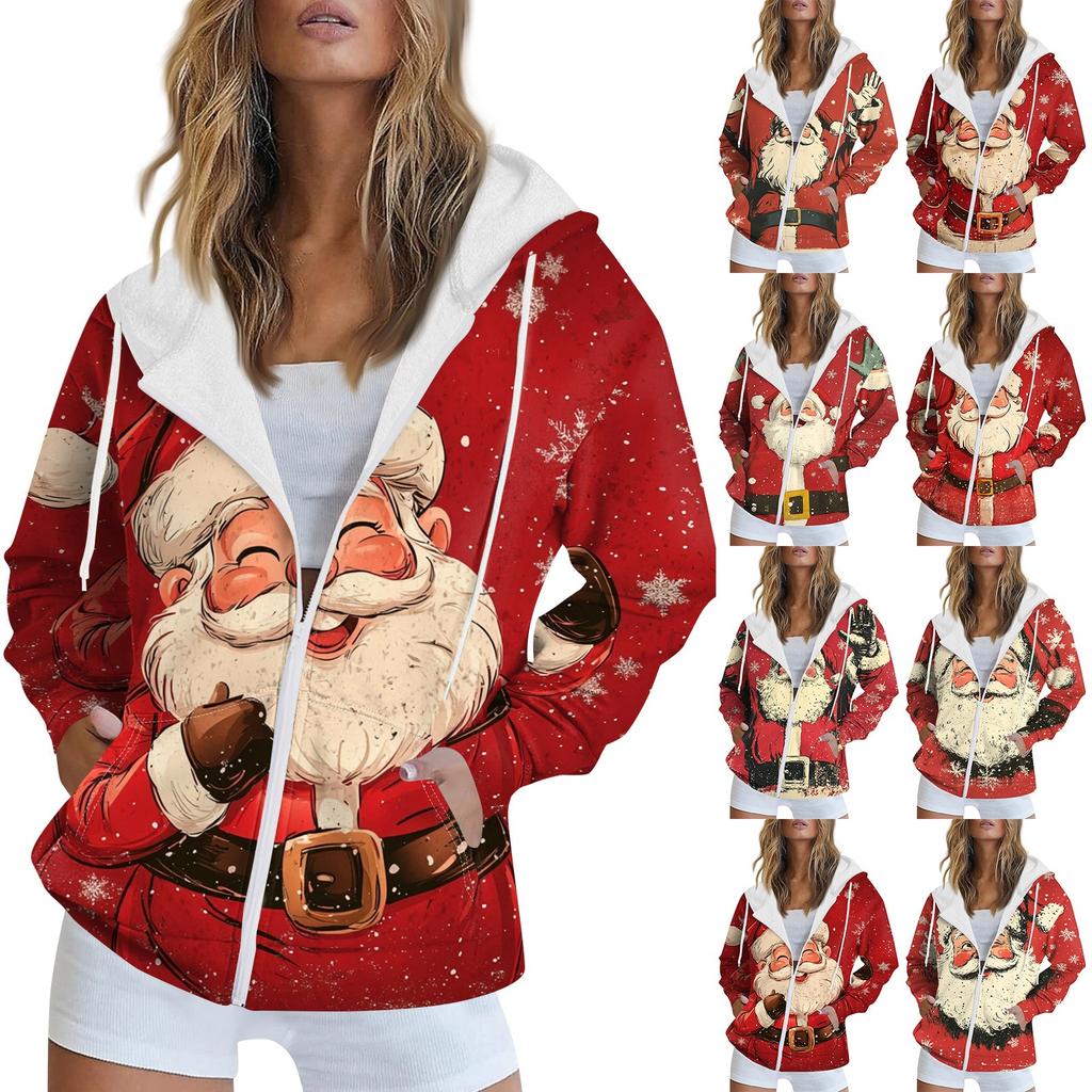 Women's Christmas Printed Sweatshirt Winter Long Sleeve Cardigan Jacket With Pockets Zipper Hoodie Outerwear