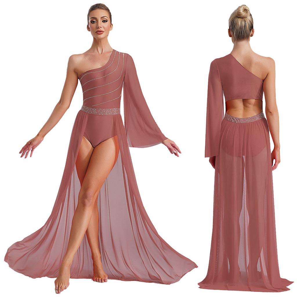 Women's One Shoulder Lyrical Dance Dress Sheer Mesh Flared Sleeve with Shiny Rhinestones Flowy Split