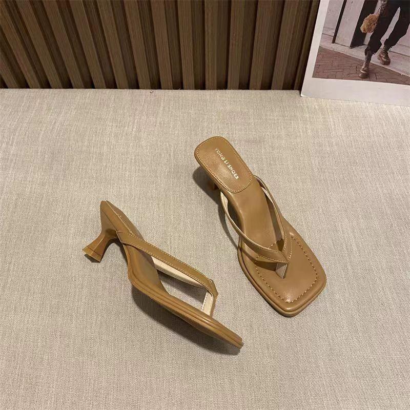 Женские шлепанцы на среднем высоком каблуке, летние шлепанцы, туфли на высоком тонком каблуке с клипсой для пальца
