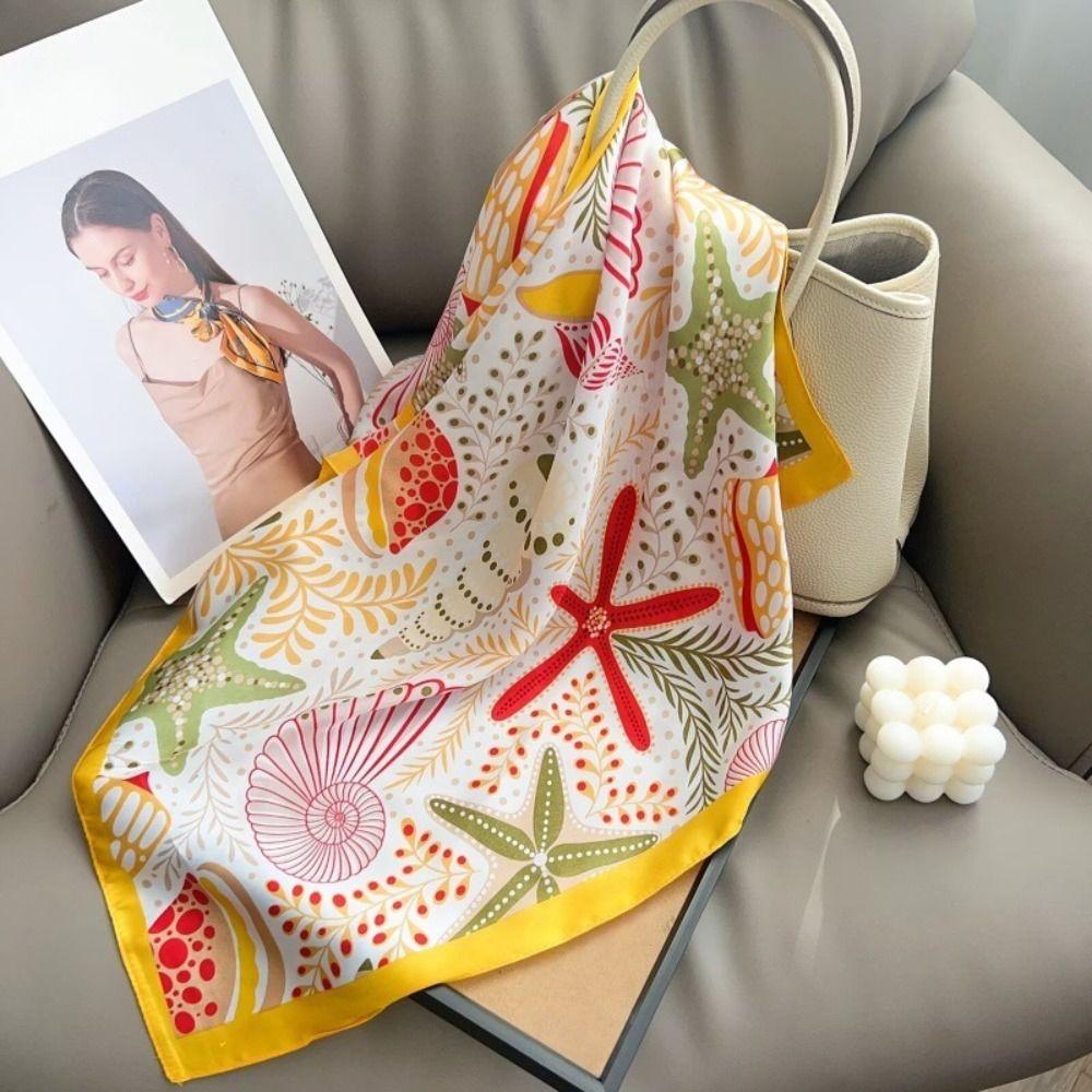 Conch Starfish Print Scarf Sea Star Shell Silk Scarf Retro Satin Hijab  Waist Scarf