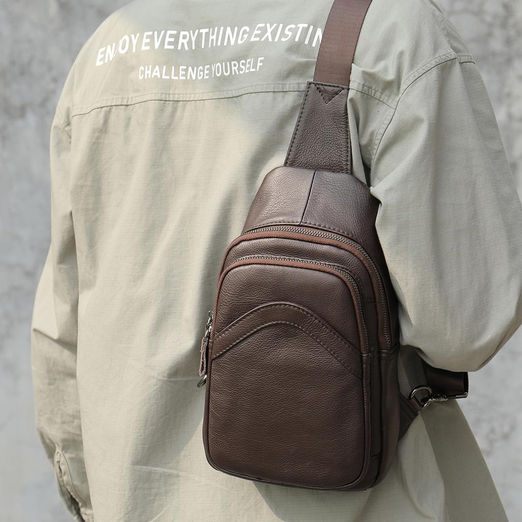 Men's Chest Bag Genuine Leather Crossbody Bag Large Capacity Head Layer Cowhide Fashion Sports Shoulder Satchels