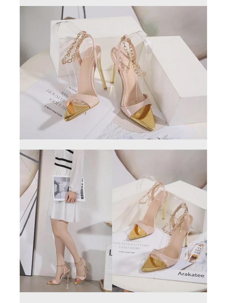 2022 Women's Candy Color Pointed Toe High Heel Sandals with Metal Chain In Large Sizes