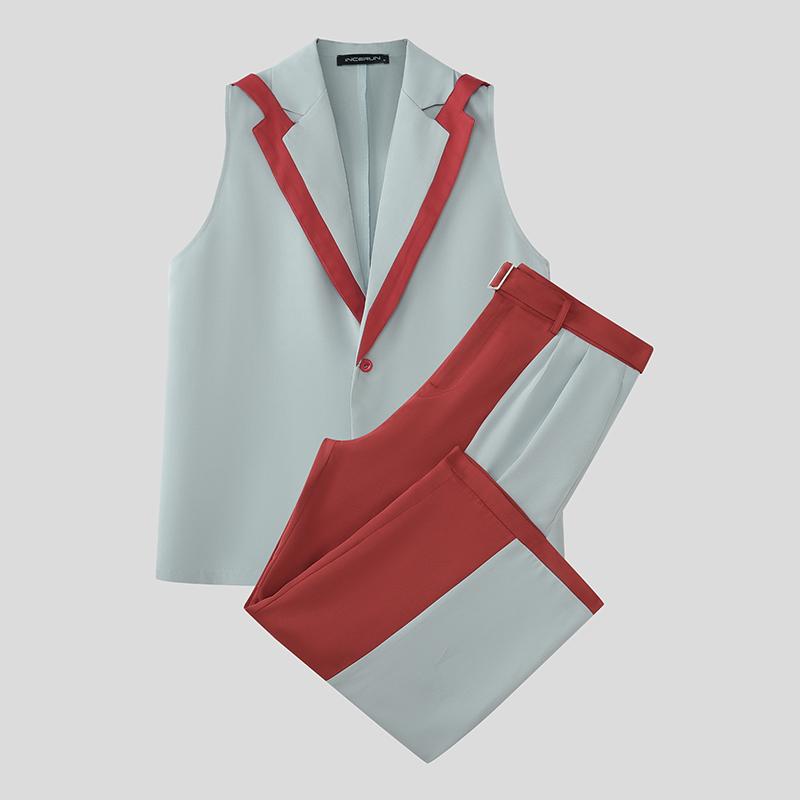 INCERUN 2 шт. Мужской жилет без рукавов с лоскутным шитьем и комплекты нарядов с длинными брюками