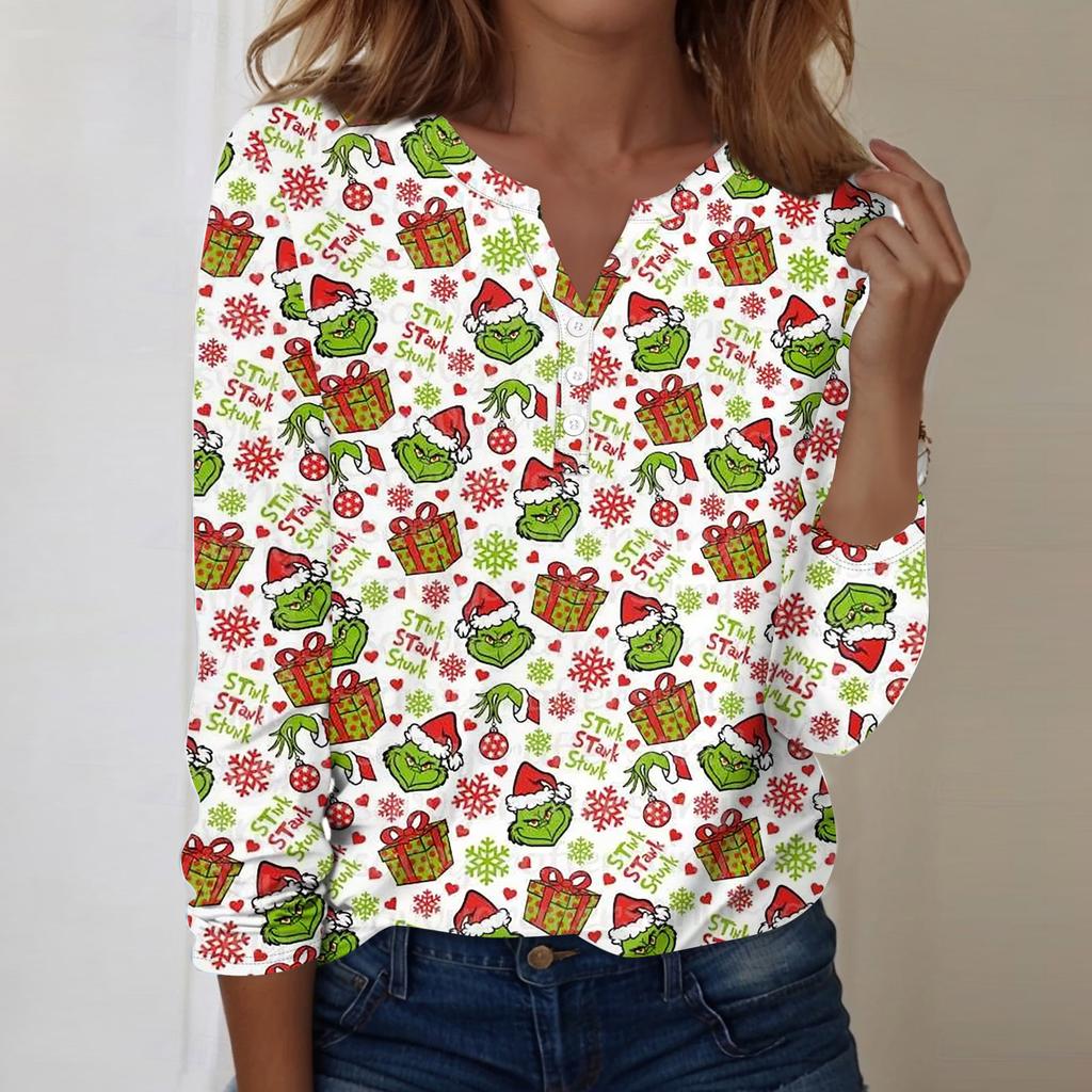 Women's Fashion Casual V-Neck Long Sleeve Decorative Button Christmas Print Top