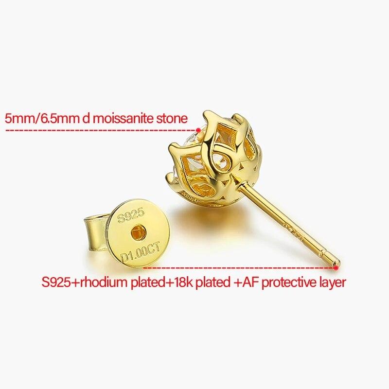 D цвет 18k с покрытием 0,5-2CT Сертифицированные серьги-гвоздики с муассанитом для женщин Роскошные свадебные украшения из стерлингового серебра S925 Подарок на вечеринку