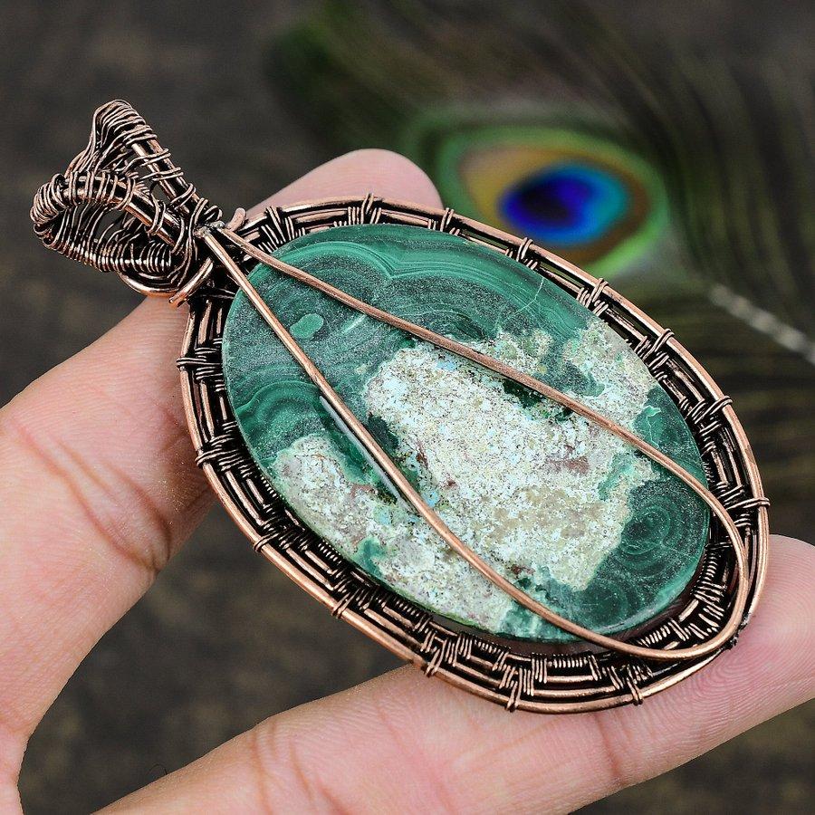 Malachite Gemstone Copper Wire Wrap Jewelry Pendant 3.19