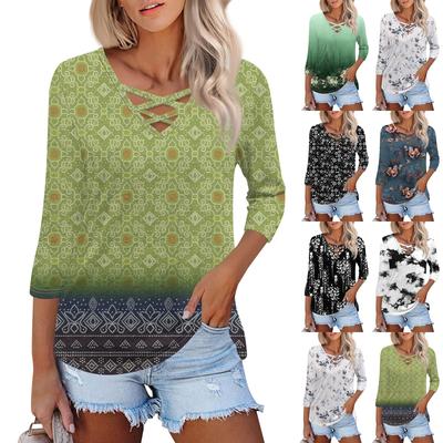 Женская модная свободная футболка с перекрестным V-образным вырезом и семью рукавами, повседневный топ с винтажным цветочным принтом