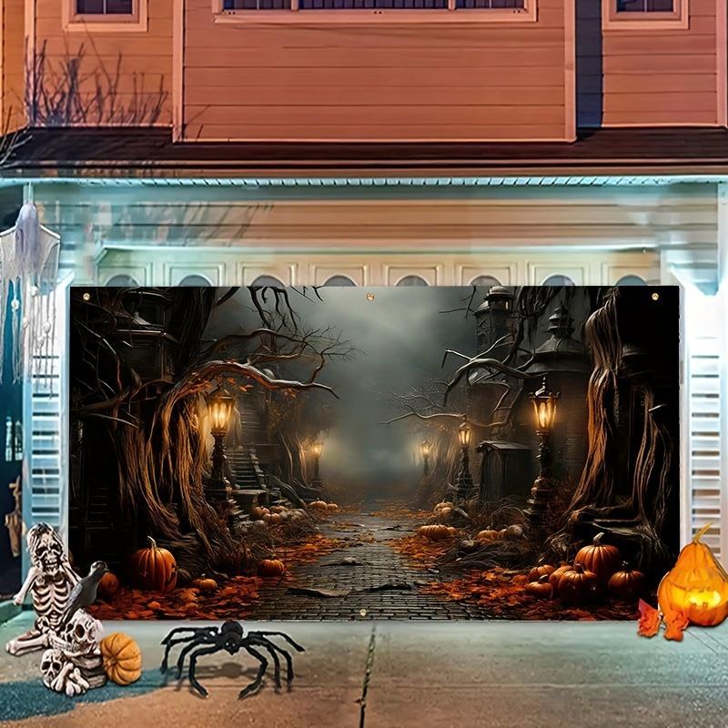 The large pumpkin lantern-themed garage door banner is perfect for outdoor Halloween decorations and birthday decorations.