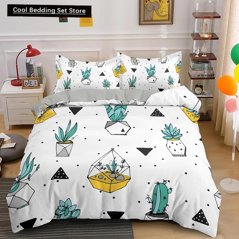 Пододеяльник Cactus King Queen Набор постельного белья с суккулентами для детей, подростков, взрослых Зеленый Ботанический с цветами 2/3 предмета Полиэстеровый пододеяльник
