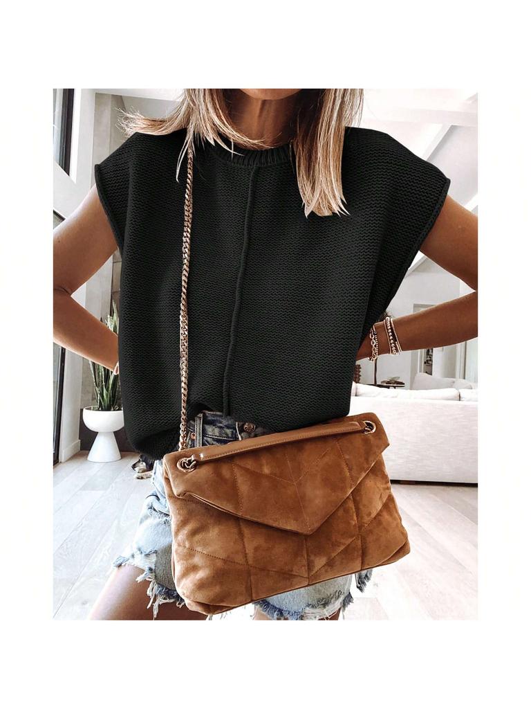 Women's Cap Sleeve Knit Pullover Crew Neck Lightweight Short Sleeve Summer Sweater