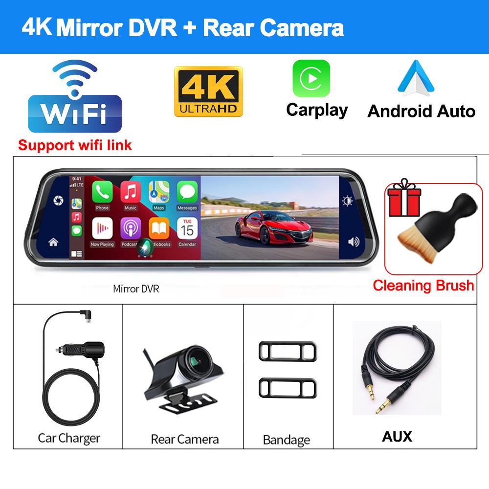 4K Front and Rear Camera 1080P Wireless Carplay Android Auto 10Inch Mirror Dash Cam for Car Dvr Video Recorder Car Assecories