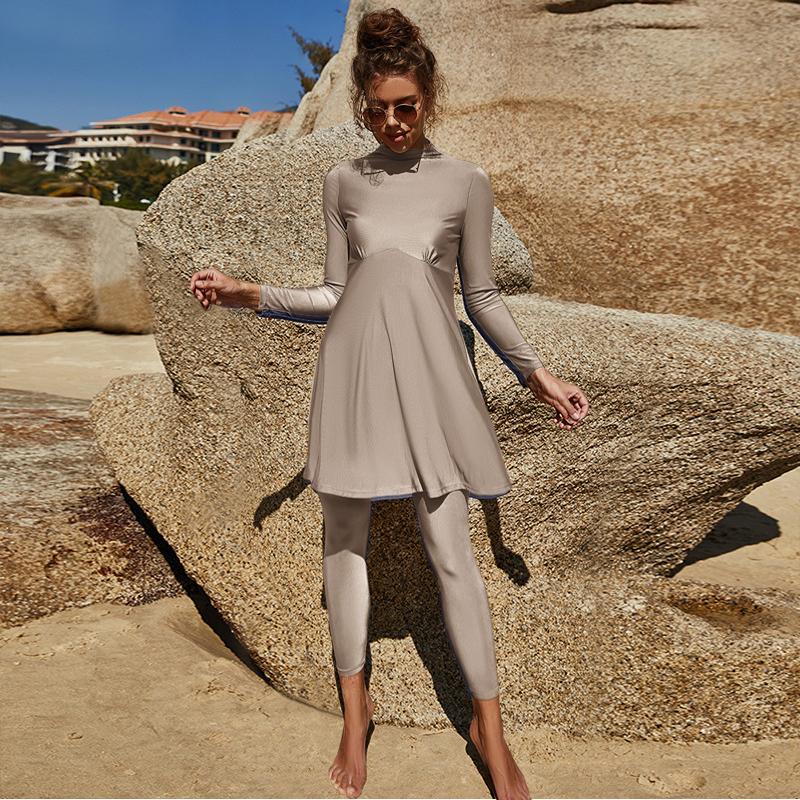 New S-XL Women Muslim Swimwear Slim Long Sleeve Islamic Swimsuit Summer Arab Beach Bikini Modest Full Cover Swimwear Swimming Burkini
