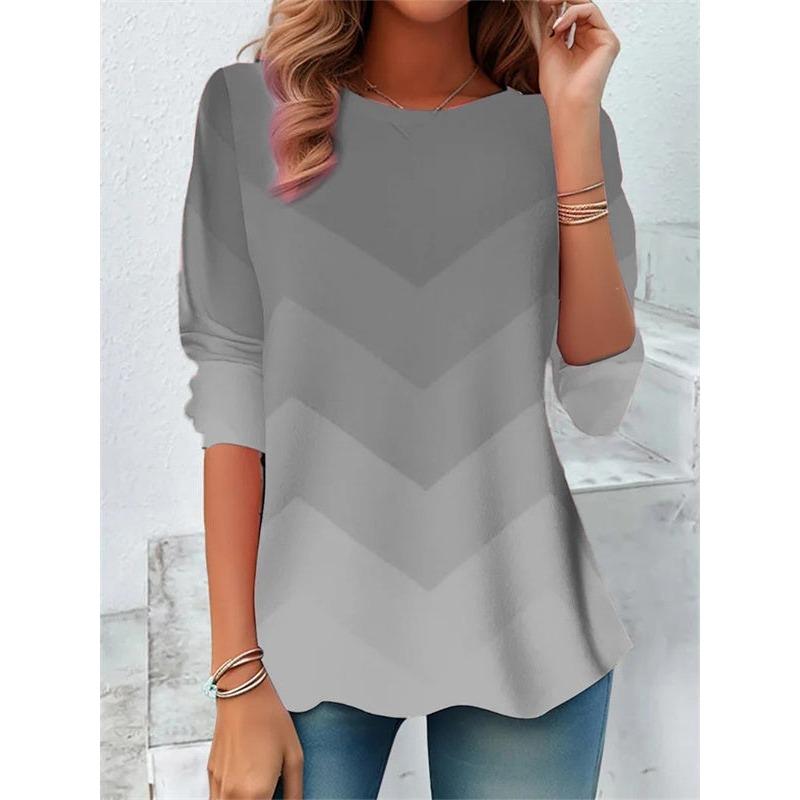 Весна Осень V-образный вырез с цифровым принтом повседневная свободная женская футболка с длинными рукавами пуловеры и длинные рукава (Женский)