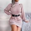 Autumn Winter Button High Neck Long Sleeve Base All Match Knitted Sweater Dresses S-L