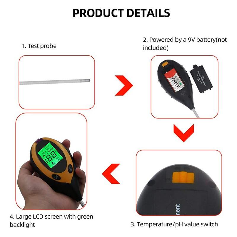 4-в-1 цифровой измеритель влажности почвы PH, измерение температуры и влажности почвы, детектор измерения солнечного света в окружающей среде
