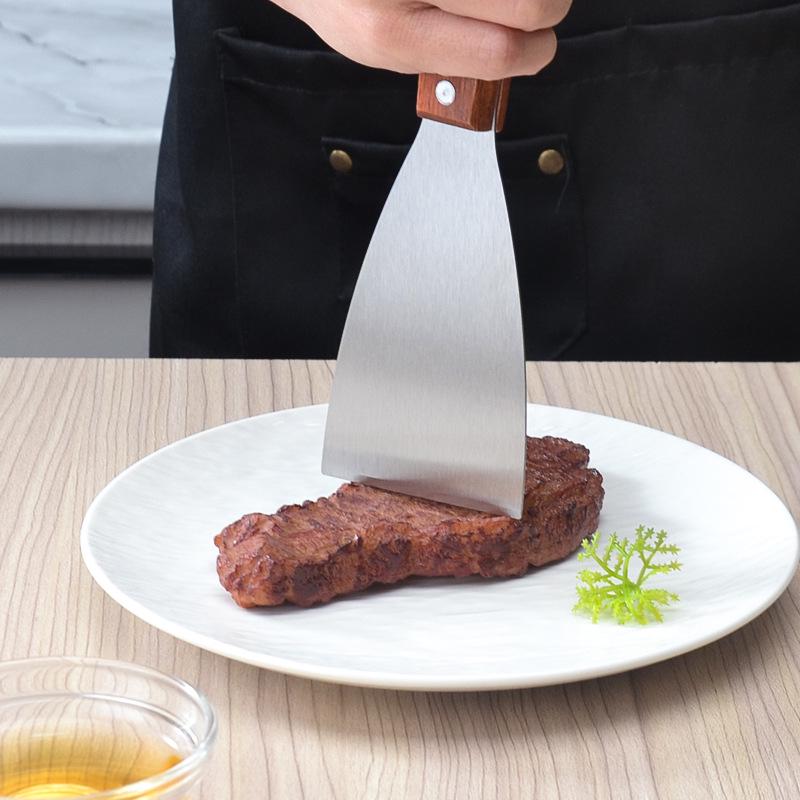 Трехсторонняя скошенная лопатка из нержавеющей стали с деревянной ручкой - Идеально подходит для теппаньяки, блинов и тортов