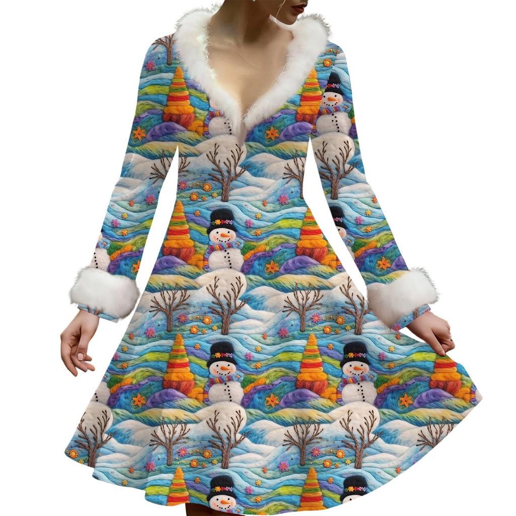 Женское повседневное платье с V-образным вырезом, рождественским принтом, плюшевыми длинными рукавами
