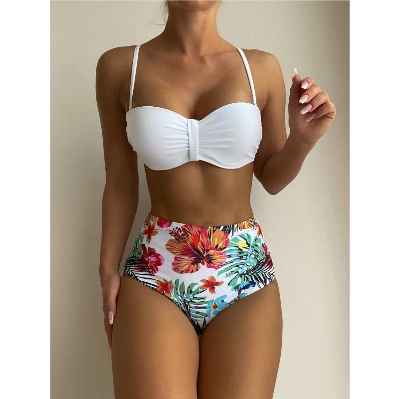 Bikini Swimsuit Women's Solid Color Floral Split Swimsuit Into High Waist Sexy Swimsuit Bikini