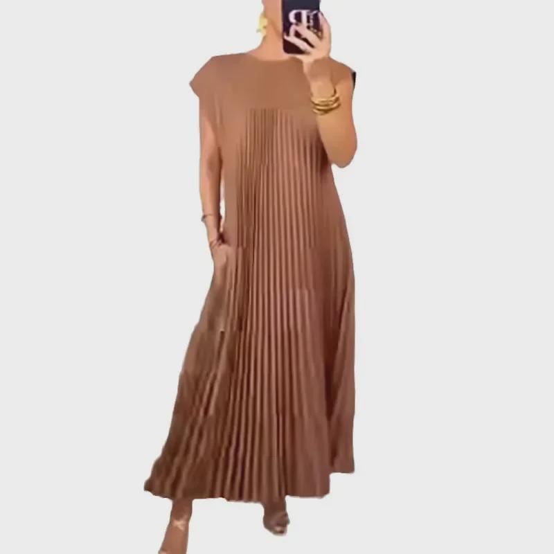 2024 Autumn/Winter European & American Fashion Sleeveless Pleated Maxi Dress