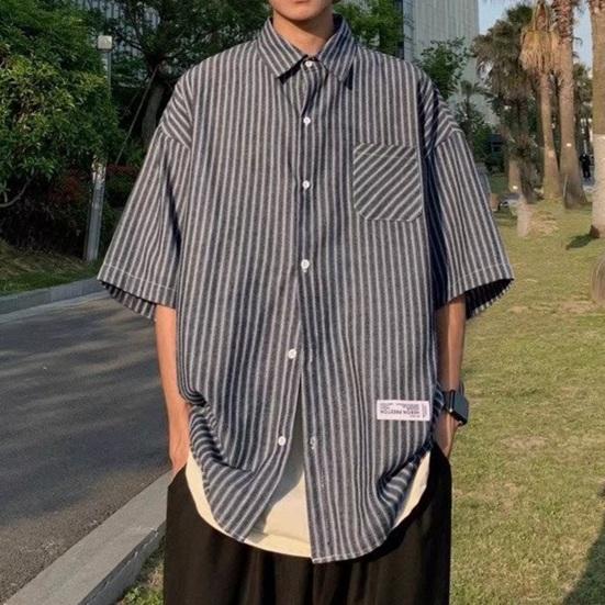 Летняя мужская рубашка с застежкой на пуговицы и воротником-лацканами в полоску, кардиган с короткими рукавами, свободный кардиган средней длины, повседневная одежда для офиса и бизнеса, топ