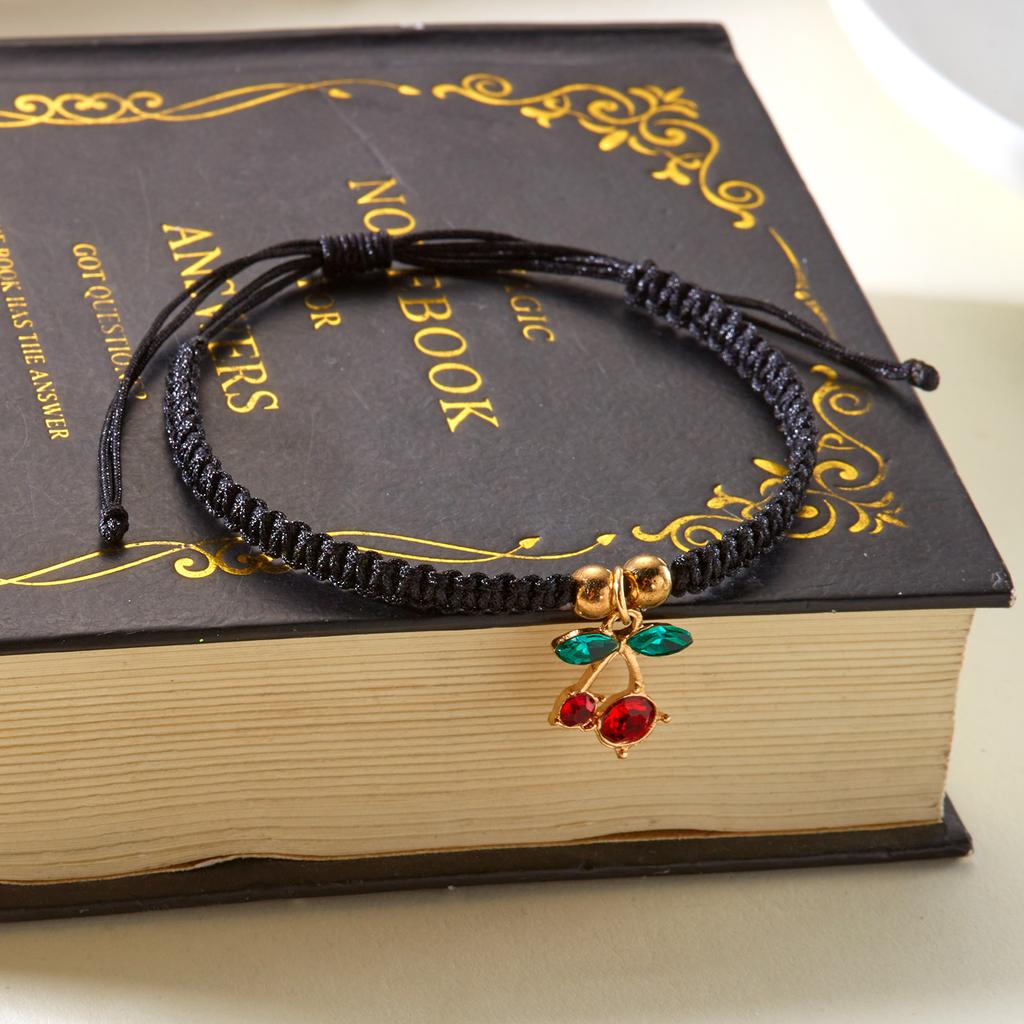 Fashion Simple Rhinestone Cherry Braided Bracelet for Women Delicate Colorful Charm Rope Bracelet Girls Party Jewelry Gift