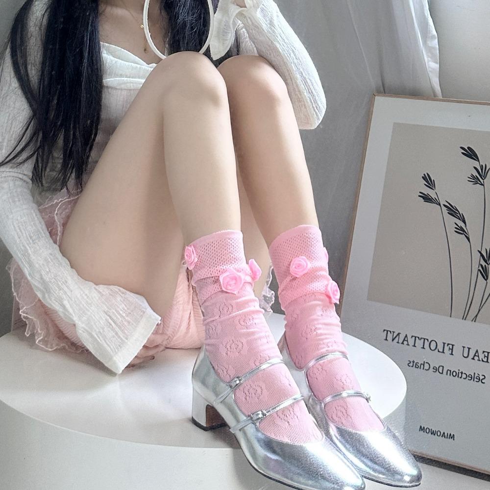 Multicolor Rose Mesh Socks Balletcore Calf Socks Versatile Women Socks  Spring Summer