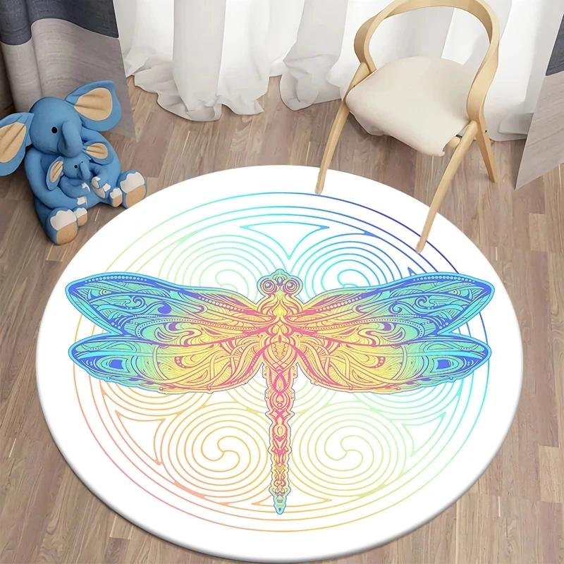 Bohemian Dragonfly Round Carpet Soft Floor Mat For Living Room Sofa Chair Children's Room Non-slip Area Rug Home Decor Doormat