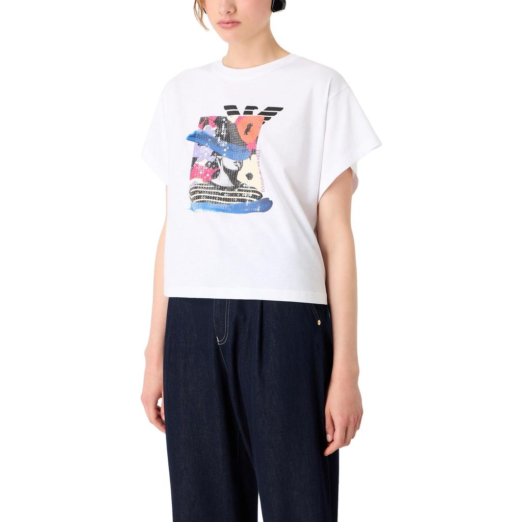 Emporio Armani SS23 Круглый вырез с принтом и пайетками, пуловер, футболка с коротким рукавом, женские топы, Белый 6R2T7J-2J53Z-0100