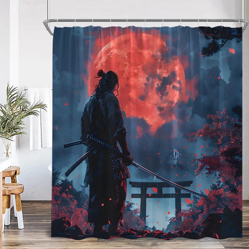 Japanese Landscape Shower Curtains Pink Cherry Blossom Mountain Lake Night Scenery Polyester Fabric Home Bathroom Curtain Decor