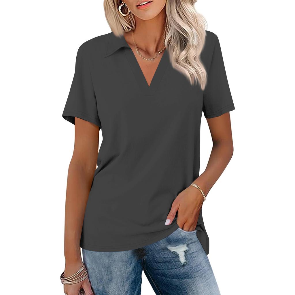 Women's Short Sleeves T Shirts Summer V Neck Shirts Collared Casual Basic Tees Blouse