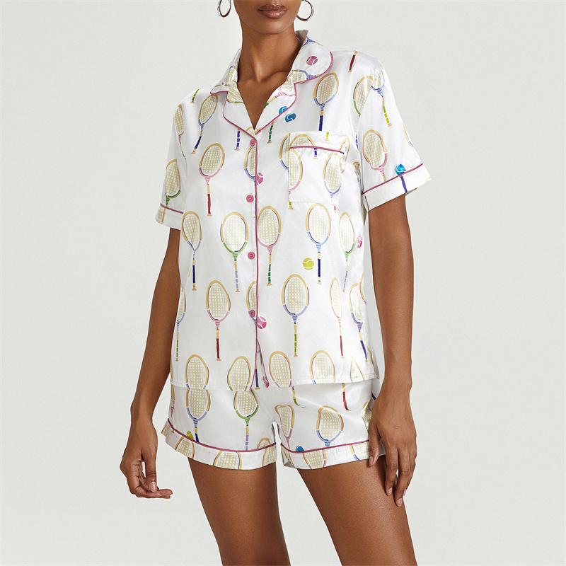 Шелковая пижама для женщин, атласный уютный комплект из 2 предметов, принтованные шорты в стиле преппи, подходящие эстетичные комплекты пижам и рубашек