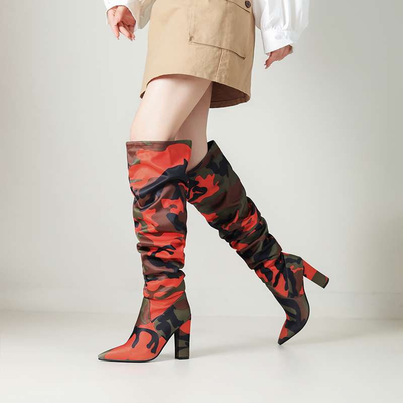 lenkisen Ткань с камуфляжным узором, осенне-зимняя обувь, супертонкие высокие каблуки, плиссированные ботинки, европейские теплые сапоги выше колена
