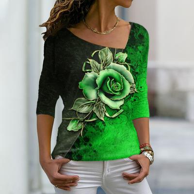 Футболка с длинными рукавами и 3D-принтом с изображением розы на весну и лето, повседневная свободная женская футболка с косым вырезом