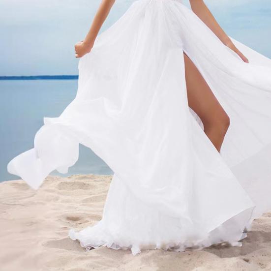 A-Line Boho Wedding Dresses for Bride Long Chiffon Slit Bridesmaid Dress Lace V-Neck Evening Gown for Prom Masquerade Beach
