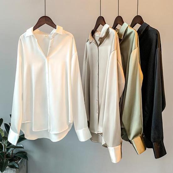 Женская рубашка с лацканами, длинный рукав, однобортная рубашка, однотонная, гладкая, атласная, свободного кроя, повседневная рубашка