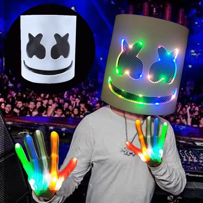Светодиодная маска и перчатки DJ Marshmello Головной шлем Светящаяся Косплей Головной убор для мужчин и женщин Музыкальный фестиваль Реквизит для Хэллоуина