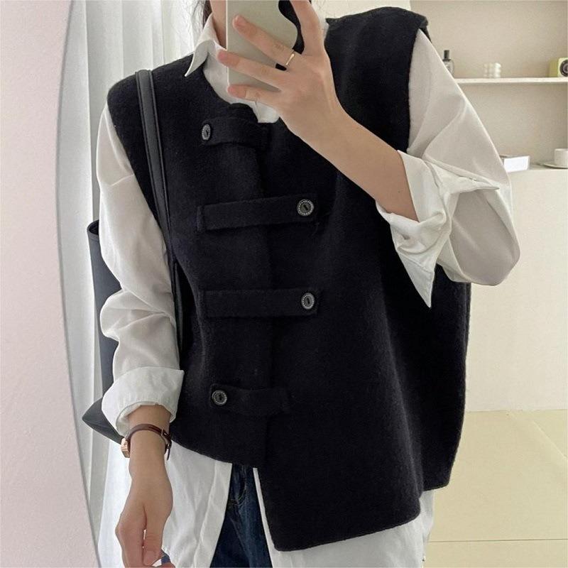 Весна и осень Наружная одежда внахлест Кардиган Камзол Темперамент Литературный стиль Нишевый дизайн Нерегулярный вязаный жилет Жилет для женщин