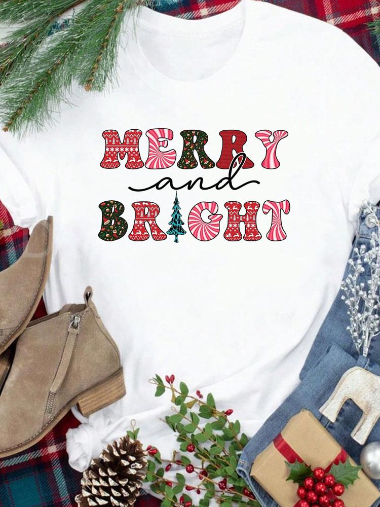 (Азиатский размер) Футболка Новогодний праздник милый стиль письма Счастливого Рождества Топ фестиваль Повседневная Женская Принт Леди Короткий рукав Модные Графические футболки